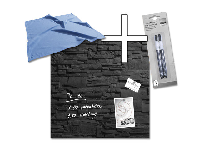 Glasmagneetbord Sigel leisteen 480x480 met 3 magneten. INCL. GRATIS 2 krijtstiften (BA178) en microvezeldoek (GL189)