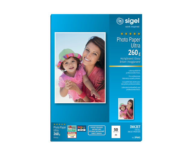 Inkjetpapier Sigel A4 260grs pak 50 Vel Fotopapier Hoogglans Superwhite