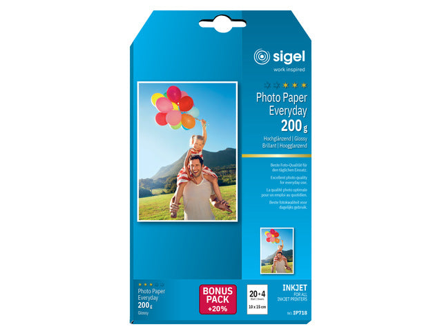 Inkjetfotopapier Everyday plus 10x15 wit 200gr glans 20+4 vel