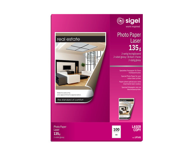 Fotopapier Sigel kleurenlaser A4 hoogwit glans 135g 100 vel