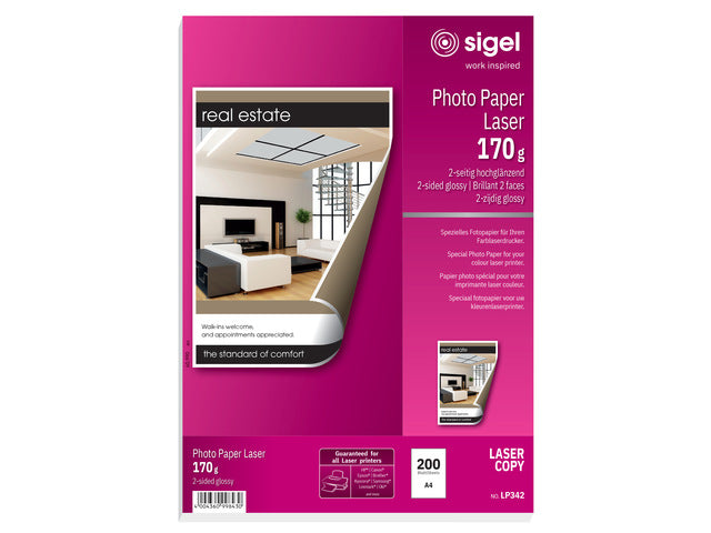Fotopapier Sigel kleurenlaser A4 hoogwit glans 170gr 200vel