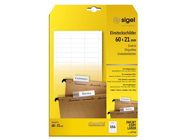 Insteeklabels Sigel voor hangkaarten. 156 stuks. 60x21mm.