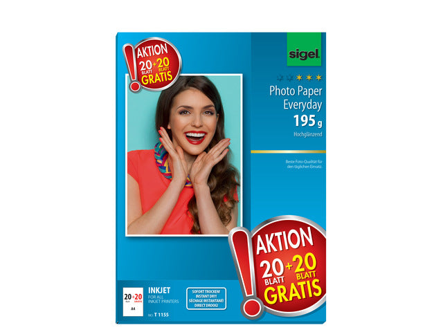 Inkjetfotopapier Sigel A4 mit Hoogglans 195gr 20+20 Vel gratis