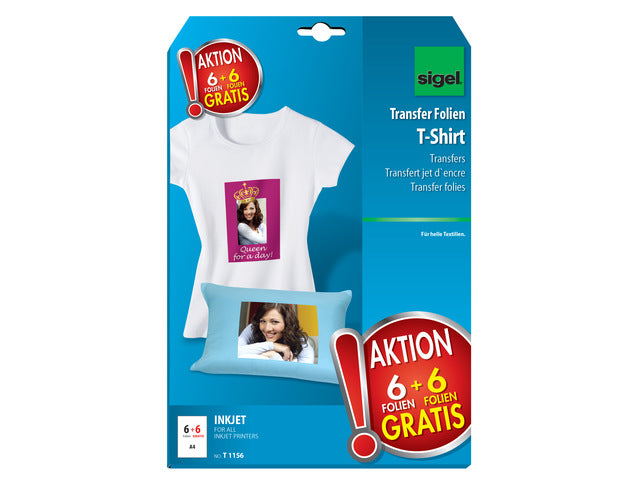 Inkjetfolie Sigel A4 Transfer blanco 6 stuks voor lichte kleding/textiel +6 gratis