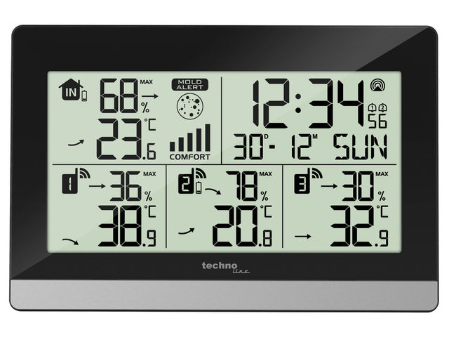 Weerstation Technoline WS 7065 144x96x38mm zwart/zilver met 3 buitensensors 30m