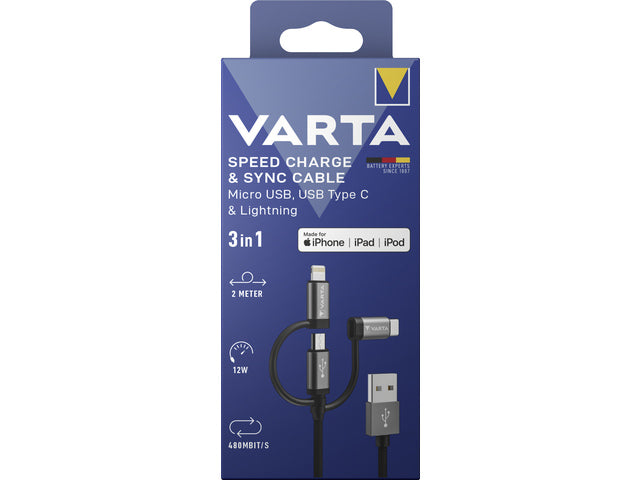 Oplaadkabel Varta 3 in 1 USB A naar USB C, bliksem en micro