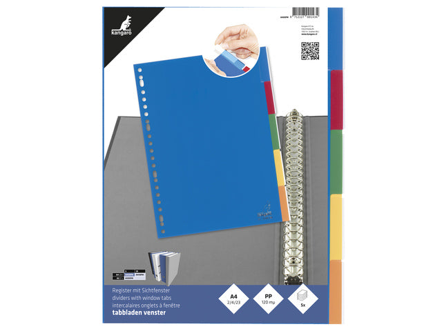 Tabblad Kangaro A4 venster PP 120 micron assorti 23-gaats 5-delig
