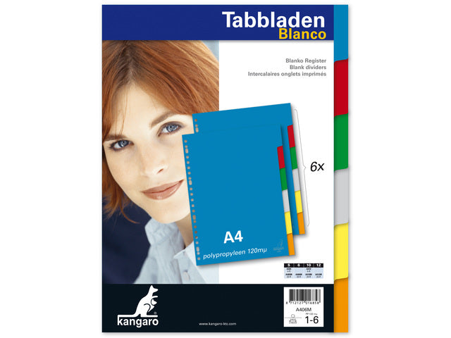 Tabblad Kangaro A4 blanco PP 120 micron assorti 23-gaats 6-delig