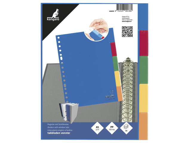 Tabblad Kangaro A5 venster PP 120 micron assorti 17-gaats 5-delig