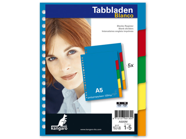 Tabblad Kangaro A5 blanco PP 120 micron assorti 17-gaats 5-delig