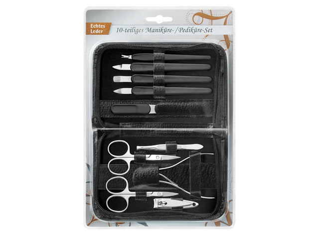 Manicureset Clauss 10-delig in zwart lederen etui met verbrand.