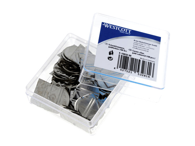 Hoekclips Westcott zilver aluminium in kunststof doos 100 stuks
