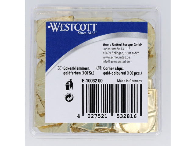 Hoekclips Westcott Aluminium goud kunststof doos 100 stuks