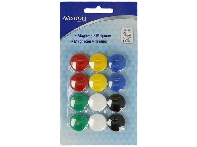 Magneet Westcott assorti kleur pak à 12st. Ø20x8mm. diverse kleuren. dop: 4-6 A4 a 80gram