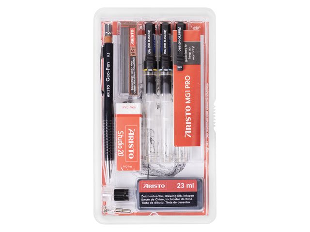 Tekenpen PRO Aristo Studio-Set, 8-teilig, 0,20–0,40–0,60 mm, Tekenpennen, Geo-pen 0,5 mm, Teken-Tinte 23 ml, schwarz, Gummi Studio 20, Universal-Adapter für Stift und Stift. Potloden 0,5mm