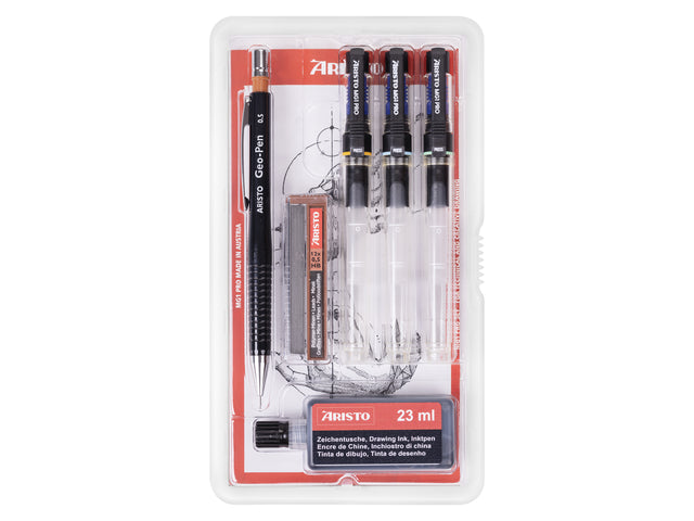 Tekenpen PRO Aristo College-set 6-delig 0,18-0,25-0,35mm tekenpennen, Geo-pen 0,5mm, tekeninkt 23ml zwart, navulling potloden 0,5mm