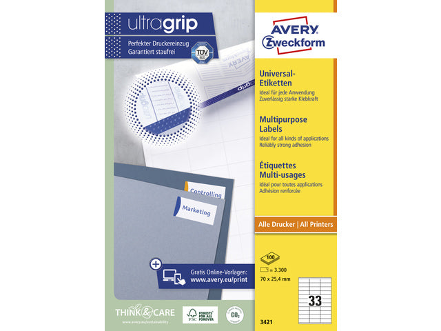 Etikett Avery ILK 70x25,4mm 100 Vel 33 Etiketten pro Vel weiß