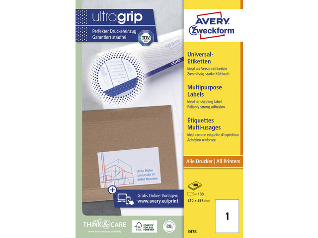etiket Avery ILK 210x297mm 100 vel 1 etiket per vel wit