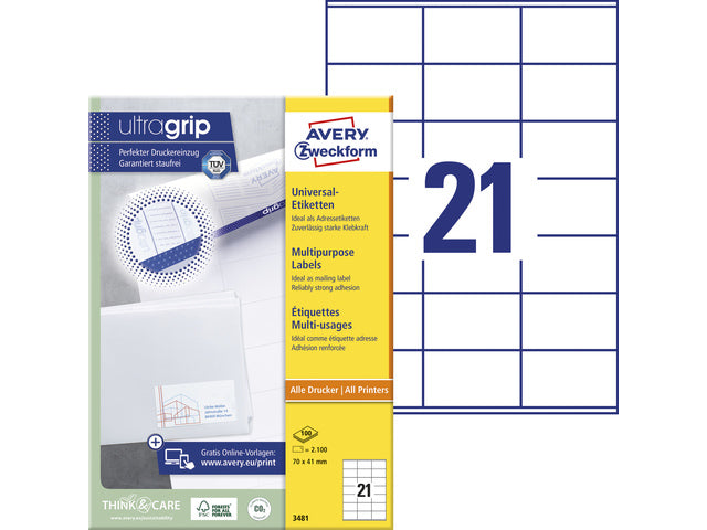 etiket Avery ILK 70x41mm 100 vel 21 etiketten per vel wit