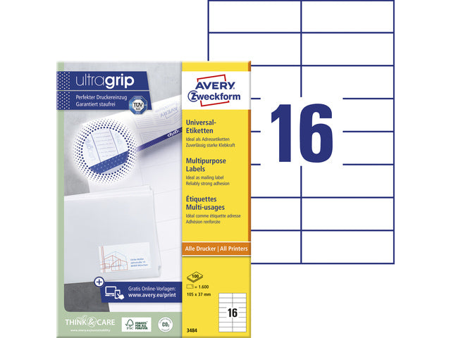 etiket Avery ILK 105x37mm 100 vel 16 etiketten per vel wit