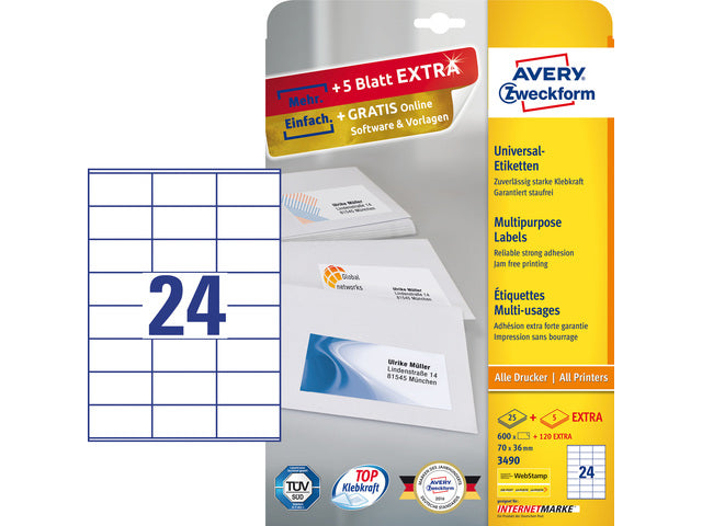 etiket Avery ILK 70x36mm 25 vel + 5 vel extra 24 etiketten per vel wit