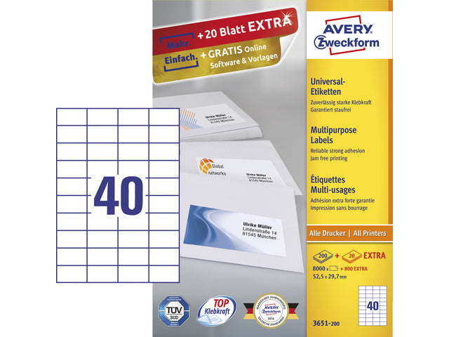 etiket Avery ILK 52,5x29,7mm 200 vel 40 etiketten per vel wit