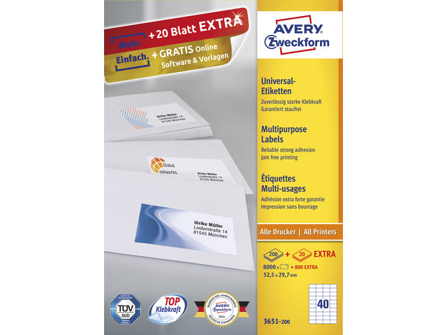 etiket Avery ILK 52,5x29,7mm 200 vel 40 etiketten per vel wit