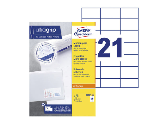 etiket Avery ILK 70x42,3mm 200 vel 21 etiketten per vel wit