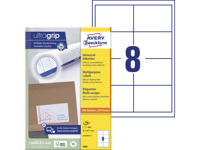 Etikett Avery ILK 97x67,7mm 100 Vel 8 Etiketten pro Vel weiß