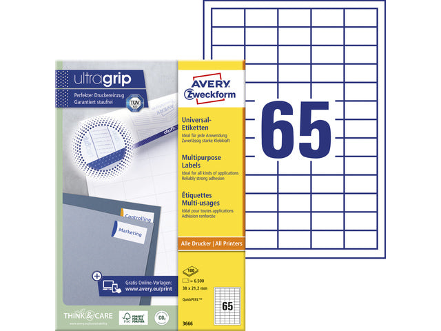 etiket Avery ILK 38x21,2mm 100 vel 65 etiketten per vel wit