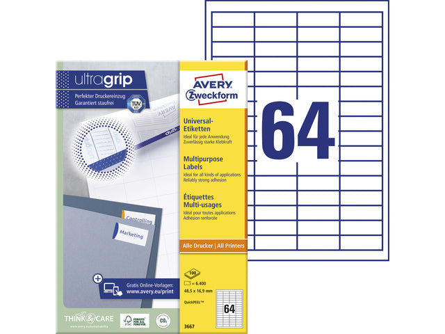 etiket Avery ILK 48,5x16,9mm 100 vel 64 etiketten per vel wit