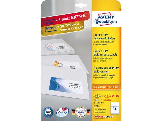 Etikett Avery ILK 97x42,3mm 25 Vel + 5 Vel extra 12 Etiketten pro Vel wit