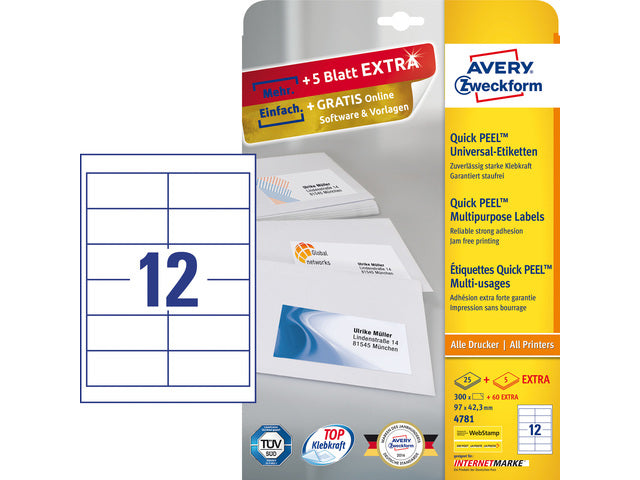 Etikett Avery ILK 97x42,3mm 25 Vel + 5 Vel extra 12 Etiketten pro Vel wit