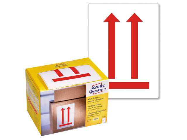 Waarschuwingsetiket Avery 'This way up' op rol in dispenser 74x100mm