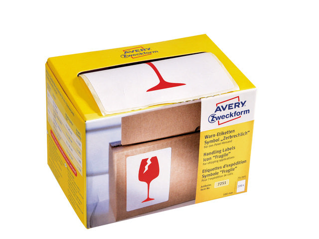 Waarschuwingsetiket Avery 'Fragile' op rol in dispenser 74x100mm
