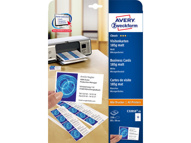 visitekaartjes Avery 85x54mm 185gr wit 25 vel 10 kaarten per vel