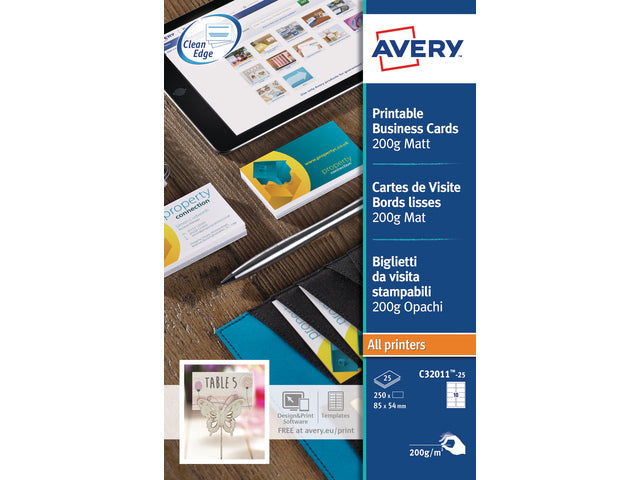 visitekaartjes Avery 85x54mm 200gr wit 10 vel 10 kaarten per vel