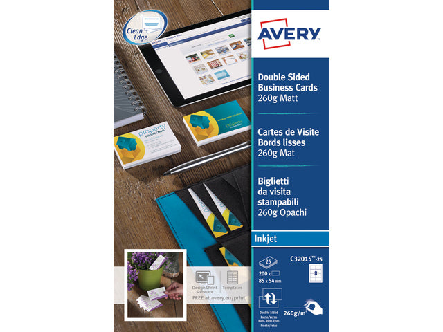 visitekaartjes Avery 85x54mm 260gr wit 25 vel 8 kaarten per vel