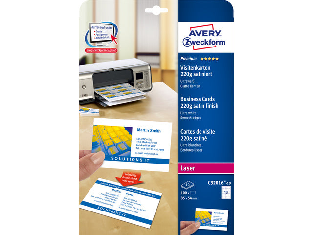 visitekaartjes Avery 85x54mm 220gr wit 10 vel 10 kaarten per vel