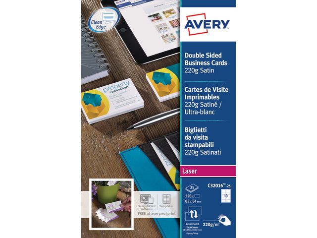 visitekaartjes Avery 85x54mm 220gr wit 25 vel 10 kaarten per vel
