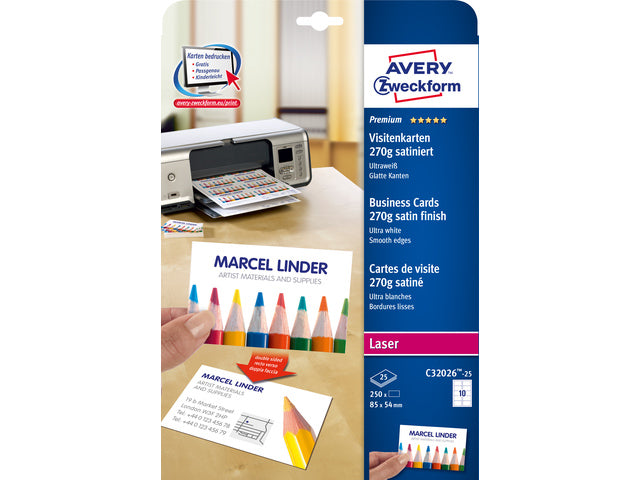 visitekaartjes Avery 85x54mm 270gr wit 25 vel 10 kaarten per vel