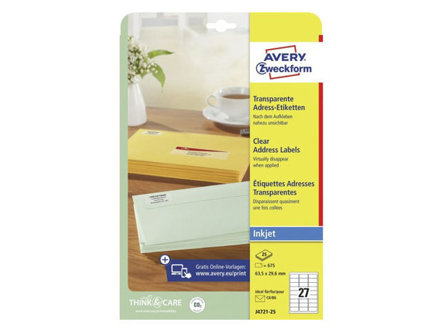inkjetetiket Avery 63,5x29,6mm transparant 25 vel 27 etiketten per vel