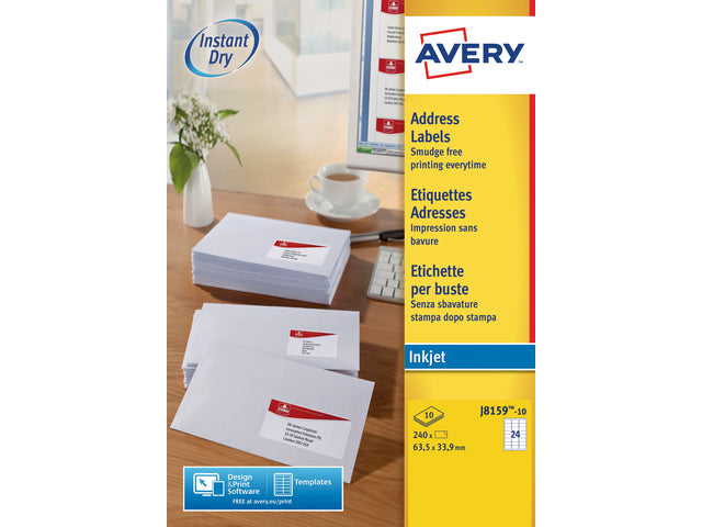 inkjetetiket Avery 63,5x33,9mm wit 10 vel 24 etiketten per vel