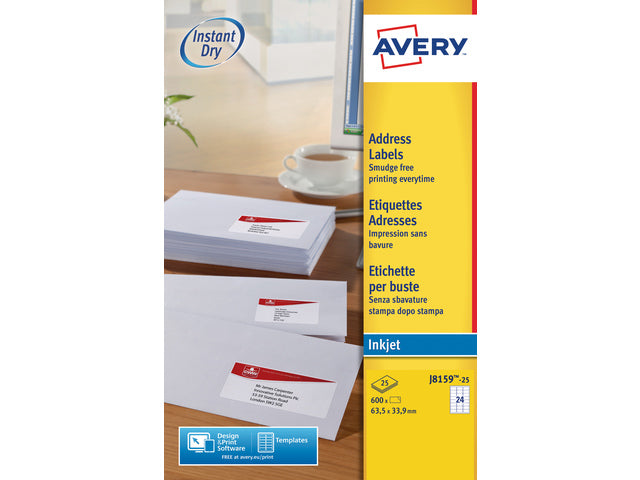 inkjetetiket Avery 63,5x33,9mm wit 25 vel 24 etiketten per vel