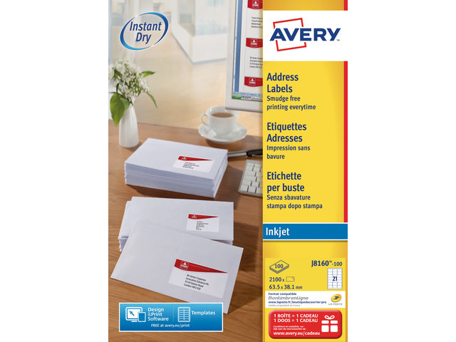 inkjetetiket Avery 63,5x38,1mm wit 100 vel 21 etiketten per vel