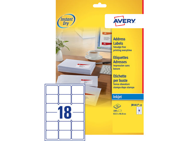 inkjetetiket Avery 63,5x46,6mm wit 10 vel 18 etiketten per vel