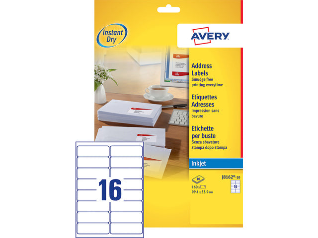inkjetetiket Avery 99,1x33,9mm wit 10 vel 16 etiketten per vel