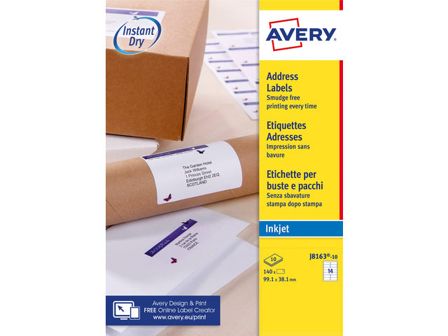 inkjetetiket Avery 99,1x38,1mm wit 10 vel 14 etiketten per vel