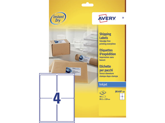 inkjetetiket Avery 99,1x139mm wit 10 vel 4 etiketten per vel
