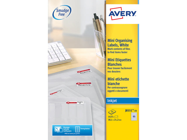 inkjetetiket Avery 38,1x21,2mm transparant 25 vel 65 etiketten per vel